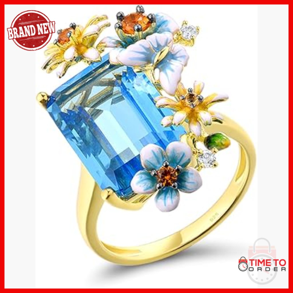 925 Sterling Silver Enamel Flower Statement Ring Size 10
